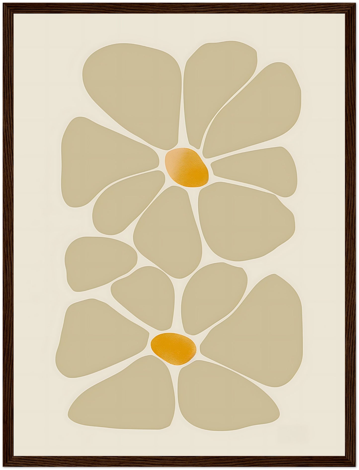 Abstract floral design in earth tones, framed with a wooden border.