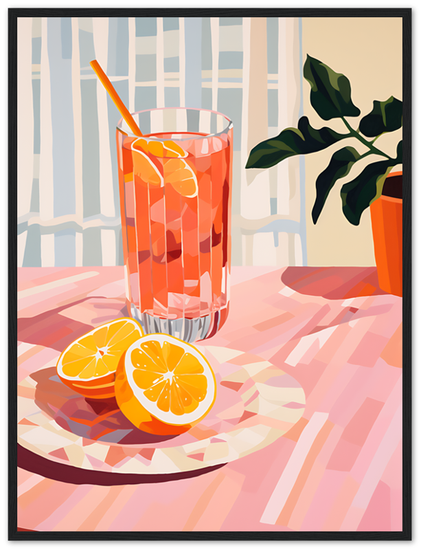 A colorful illustration of a glass of orange juice with a straw, sliced oranges, and a plant by a window.