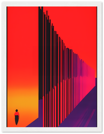 A solitary figure walking towards a vanishing point with vertical lines on a red background, framed in wood.