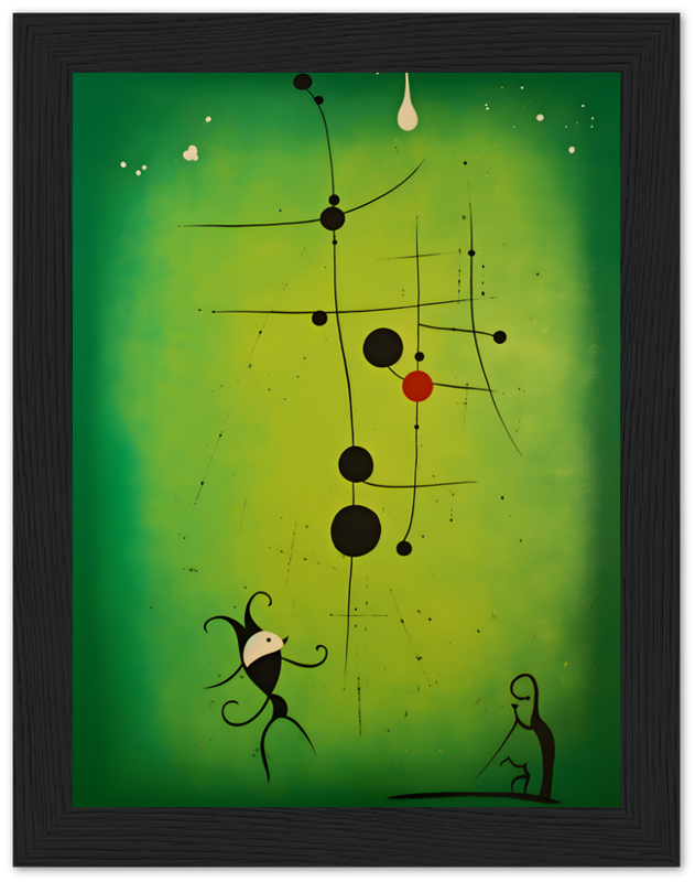 Abstract art with whimsical figures and geometric shapes on a green background, framed in black.