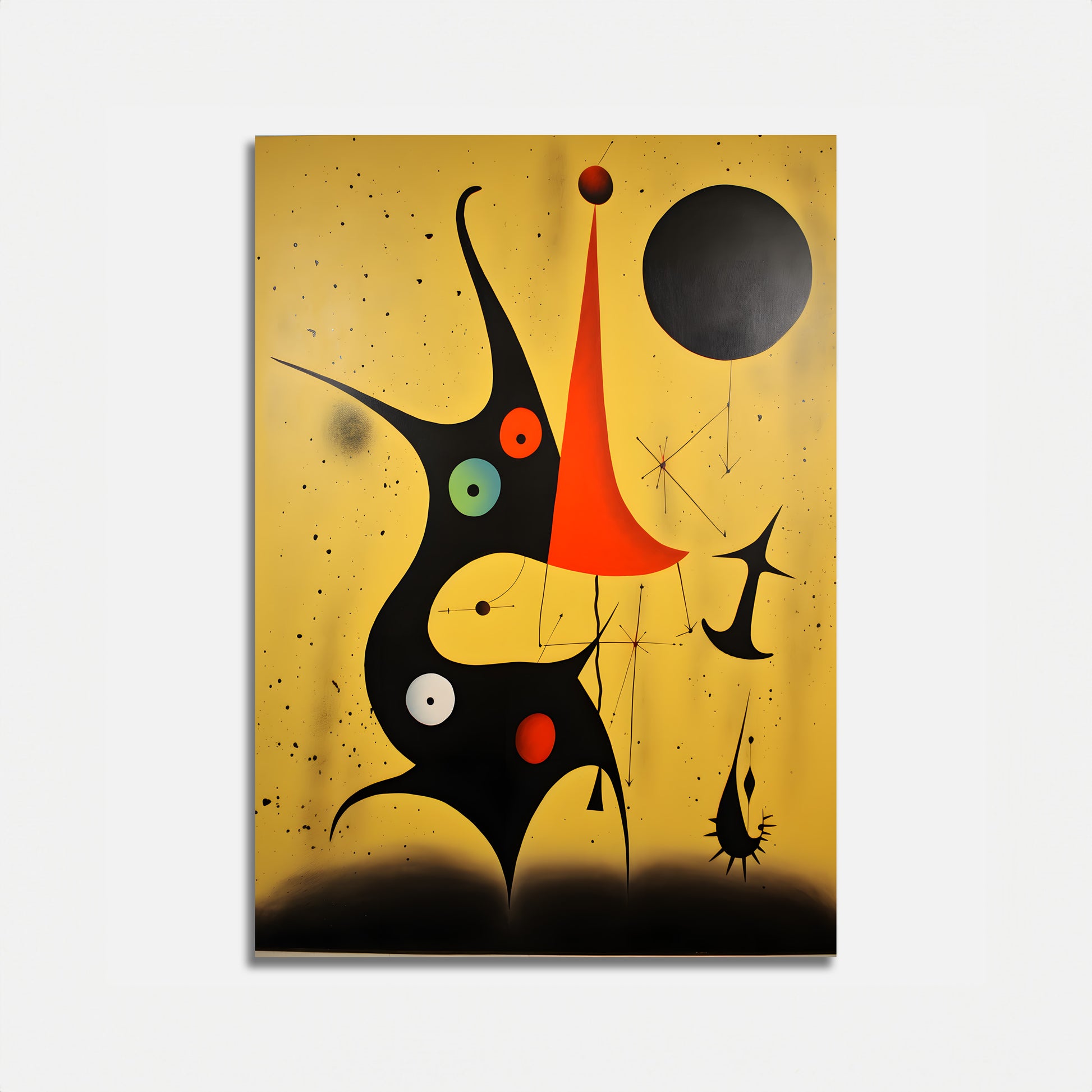 Abstract painting with whimsical shapes and spots on a yellow background.
