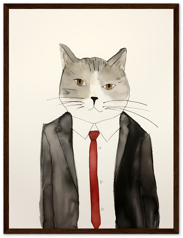 Illustration of a cat with a human body dressed in a suit and red tie.