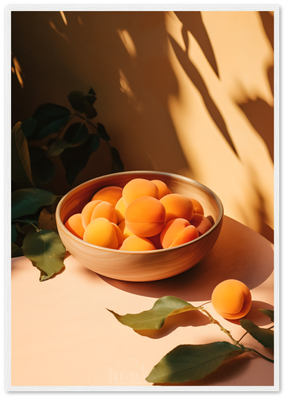 A bowl of apricots on a table with leaves and shadows.