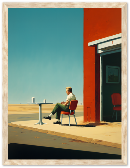 A person sitting by a table outside a building with a bright red wall under a clear sky.