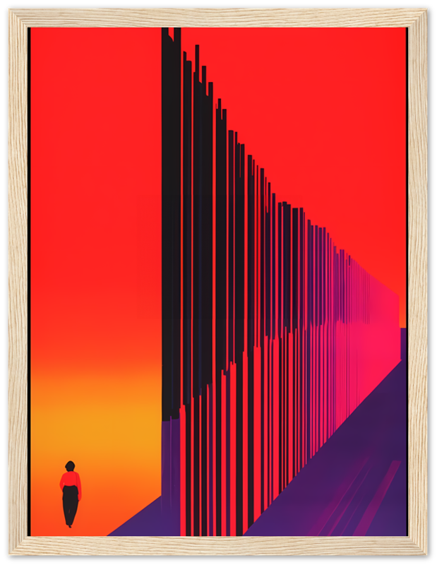 Digital artwork of a silhouette against a vibrant orange and red gradient background with abstract lines.