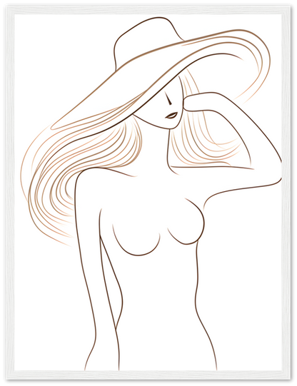 A stylized line drawing of a woman with a hat, framed as artwork.