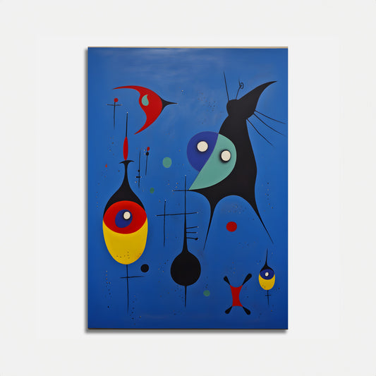 Abstract painting with colorful geometric shapes and whimsical figures on a blue background.