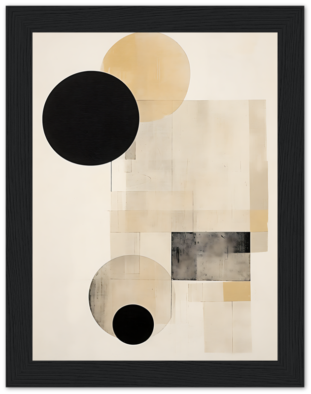 Abstract geometric artwork featuring circles and rectangles in black, beige, and cream tones with a black frame.