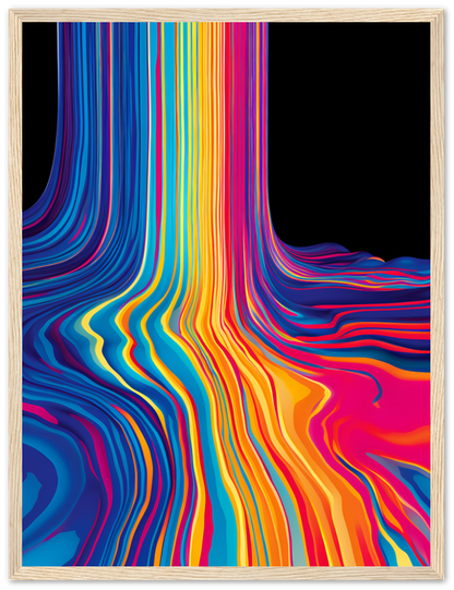 A framed abstract artwork with flowing multicolored lines on a black background.