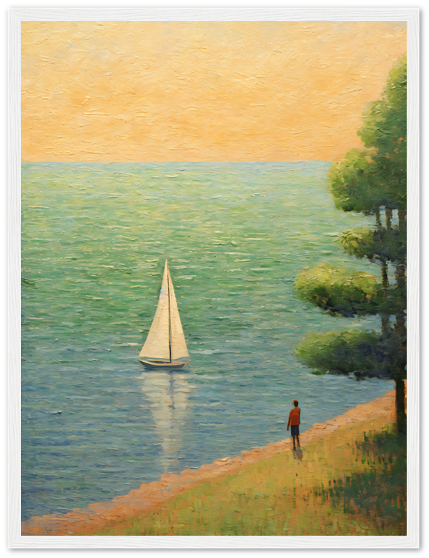 A painting of a person standing by a lakeshore watching a sailboat at sunset, framed beautifully.