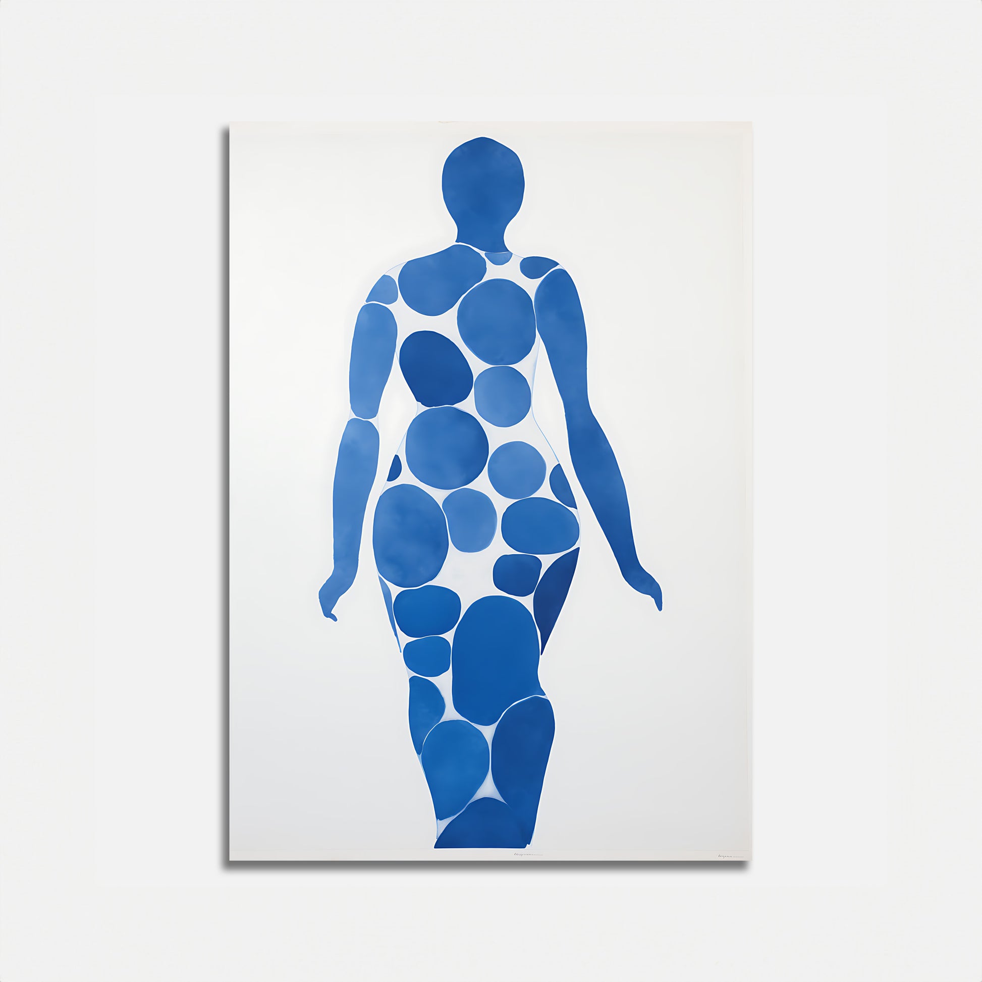 Abstract artwork of a human figure composed of blue circles on a white background.