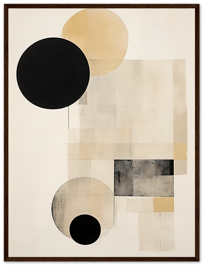Abstract artwork with geometric shapes and neutral colors in a brown frame.