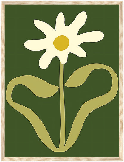 A stylized image of a white flower with a yellow center and green background, framed in brown.