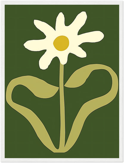 A stylized image of a white flower with a yellow center and green background, framed in brown.