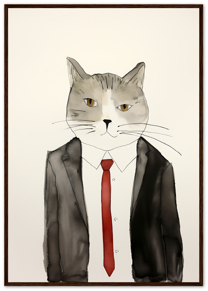 Illustration of a cat with a human body in a suit, framed on a wall.