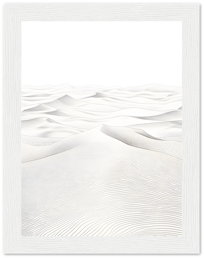 "Black and white illustration of a serene desert with dunes and ripples in the sand."