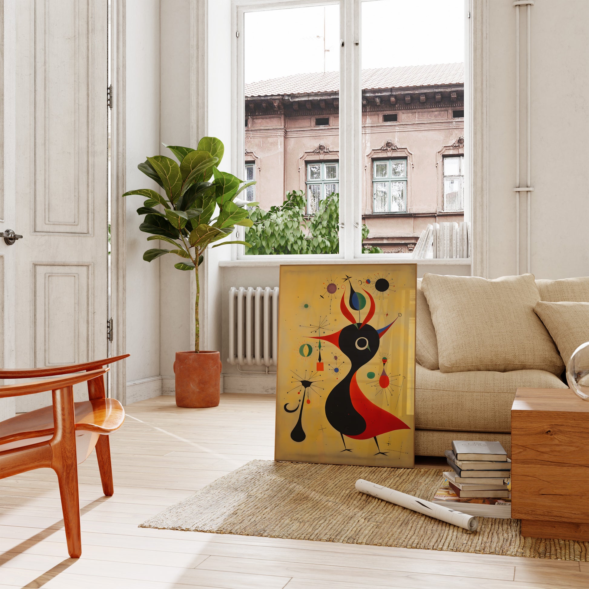 Modern living room with a mid-century style chair, cozy couch, and a whimsical cat painting near an open window.