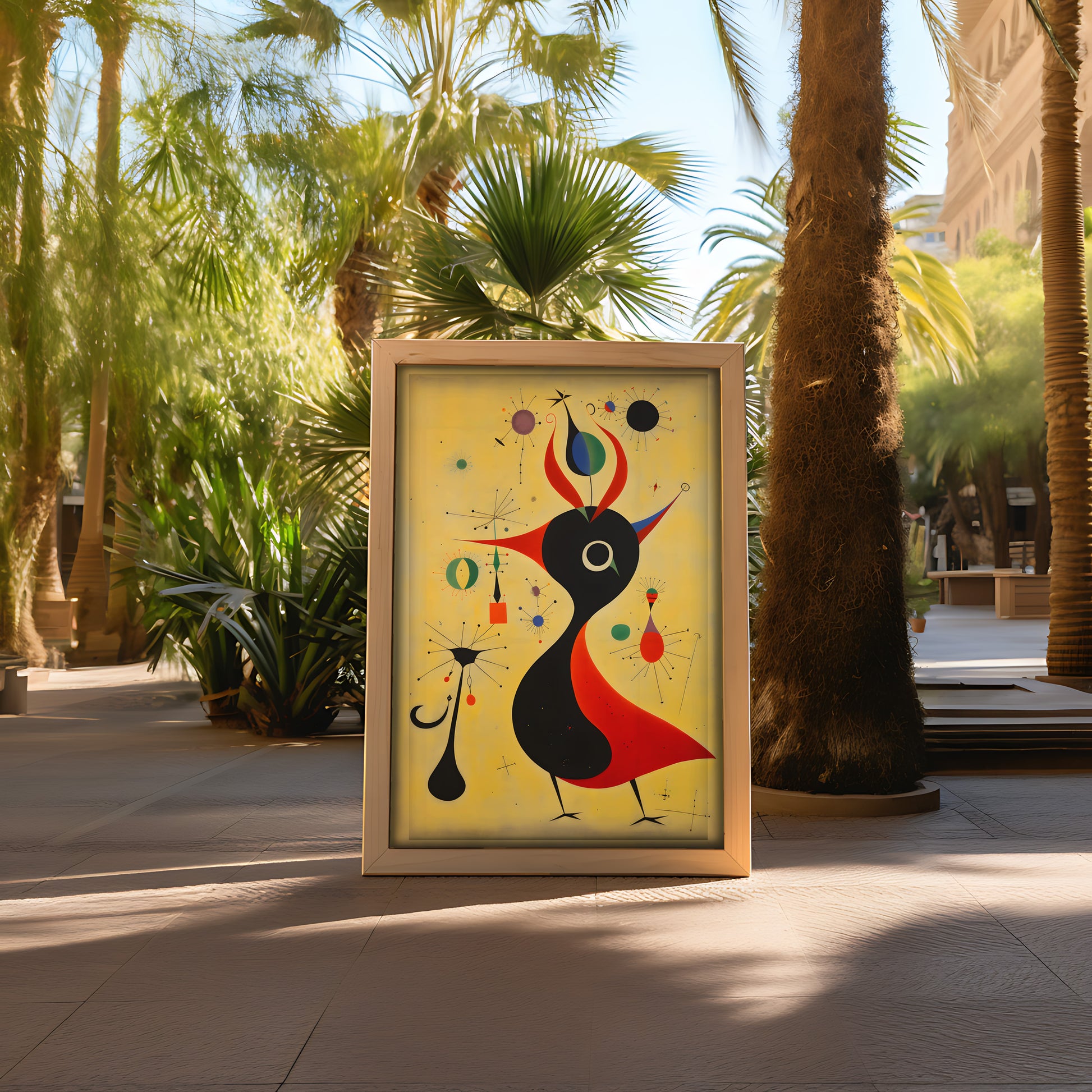 Abstract painting displayed on an easel outdoors surrounded by palm trees.