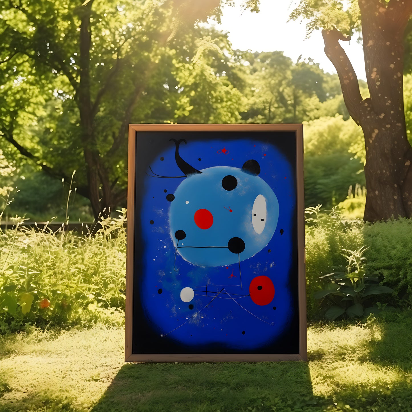 Abstract painting displayed on an easel in a sunny park setting.
