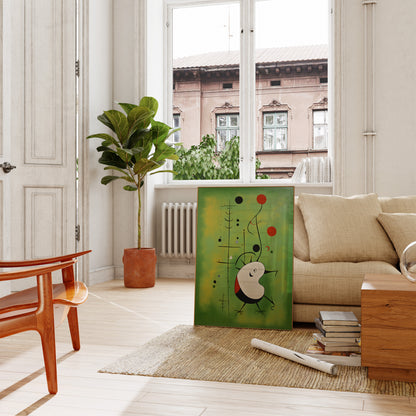 Contemporary living room with a sofa, wooden table, potted plant, and an abstract painting leaning against the wall.
