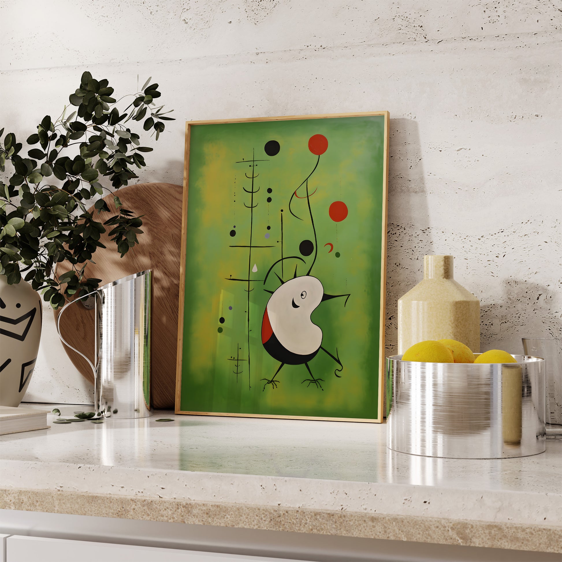 Abstract art with quirky bird-like figure on kitchen countertop.