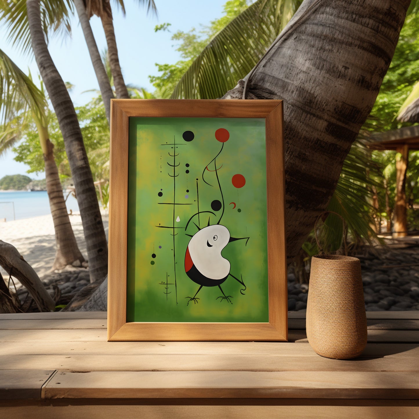 Framed abstract art featuring a whimsical bird on a table by the beach.