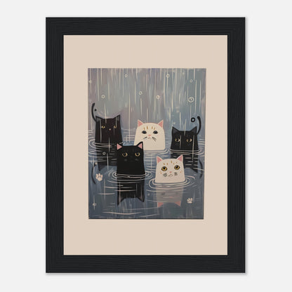 Illustration of four cartoon cats with different expressions standing in the rain, framed on a wall.