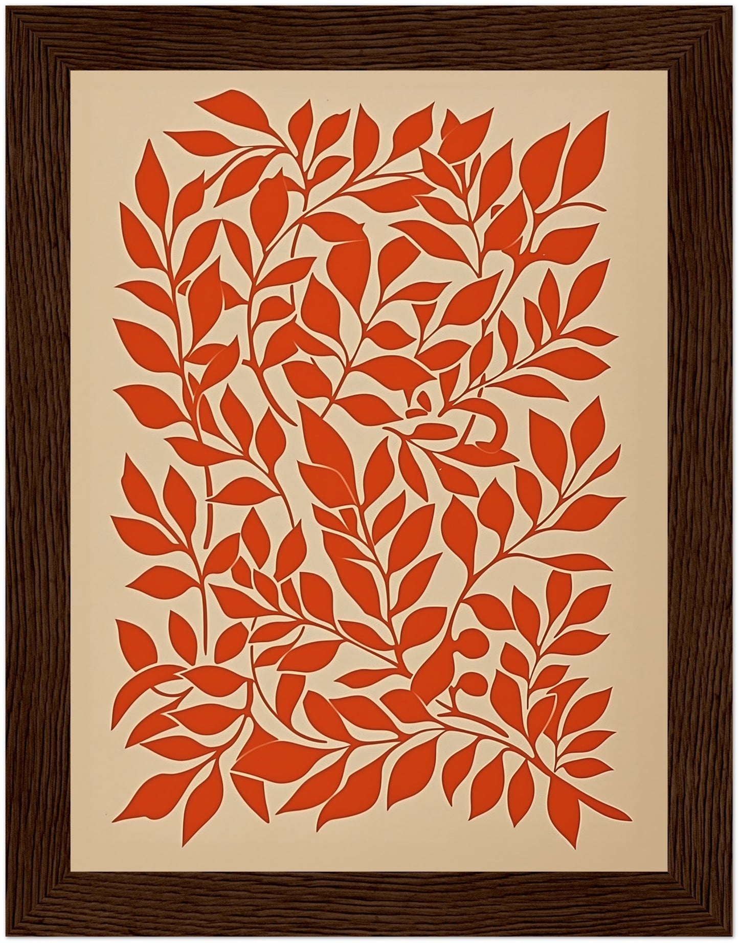 A framed artwork featuring a stylized red leaf pattern on a cream background.