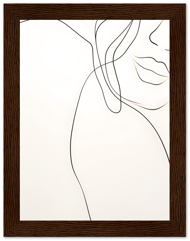 Minimalist line art of a woman's profile in a dark wooden frame.