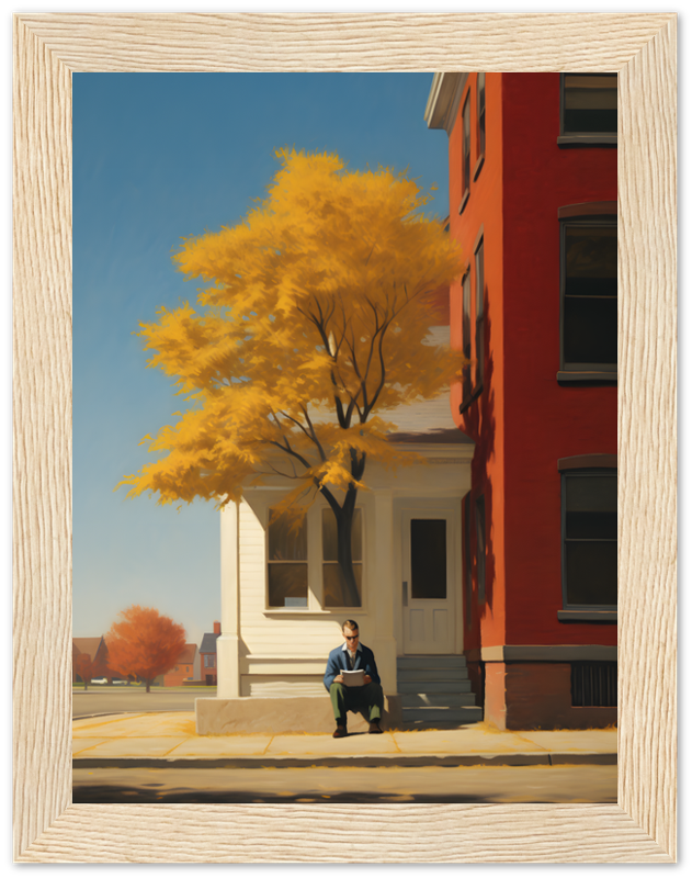 A painting of a person sitting on steps under a tree with autumn leaves.