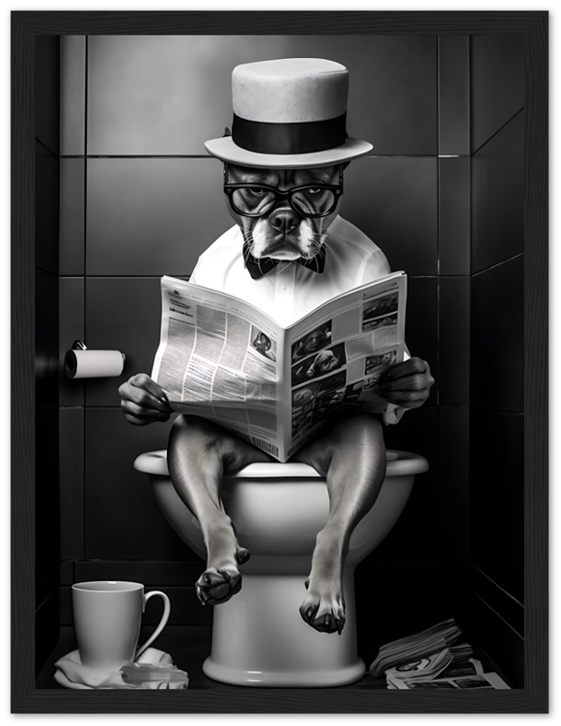 A dog with glasses and a hat reading a newspaper on a toilet.