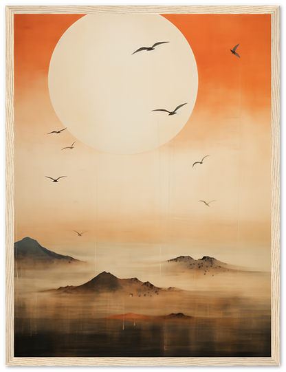 A serene painting of birds flying across a misty mountain landscape at sunset.