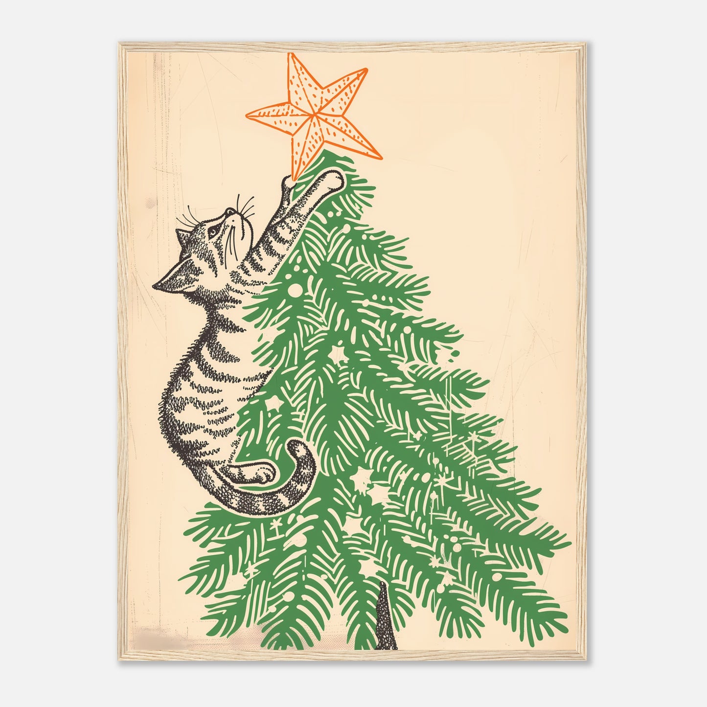 Illustration of a cat reaching up to place a star on top of a Christmas tree.