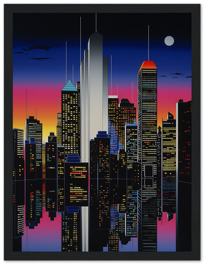 A stylized artwork of a city skyline at dusk with a wooden frame.