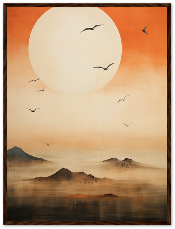 A serene painting of birds flying over misty mountains beneath a large, glowing sun.