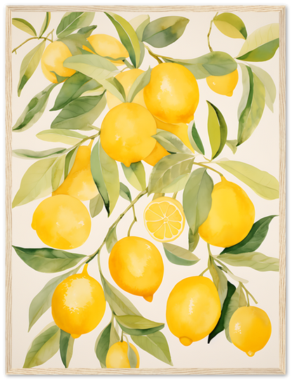 A vintage illustration of a lemon tree branch with ripe yellow lemons and green leaves.