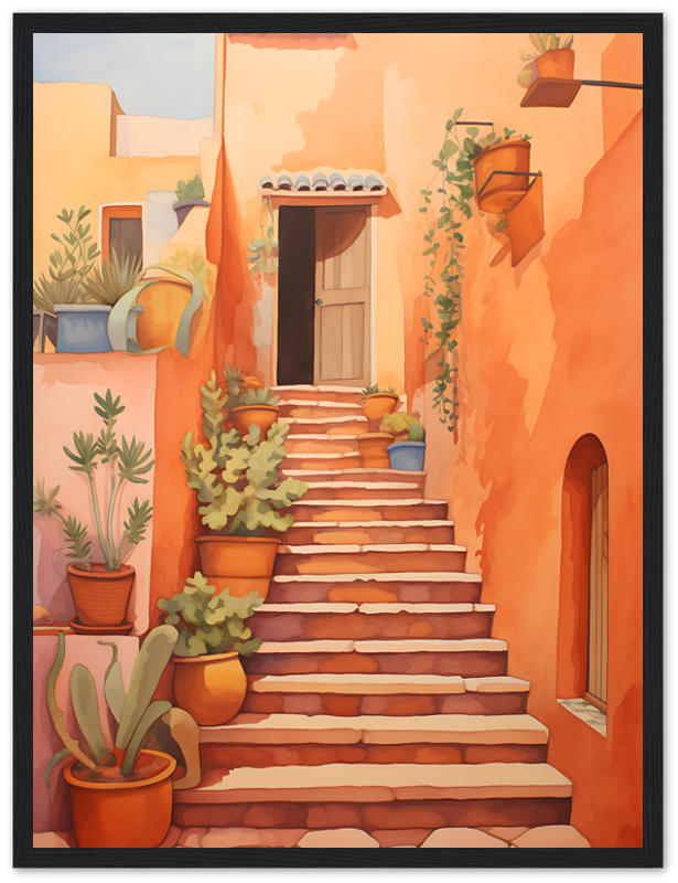 A warm-toned painting of a cozy Mediterranean-style staircase with potted plants.