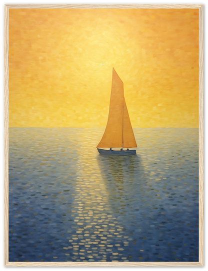Painting of a sailboat at sunset with a golden sky and sea, framed on a wall.