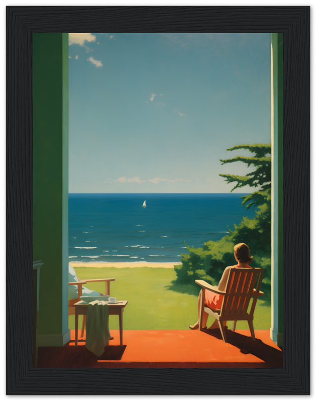 A painting of a person sitting on a patio overlooking a beach with a sailboat in the distance.