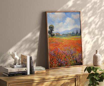 A colorful landscape painting leaning against a wall above a console with books and decorative items.