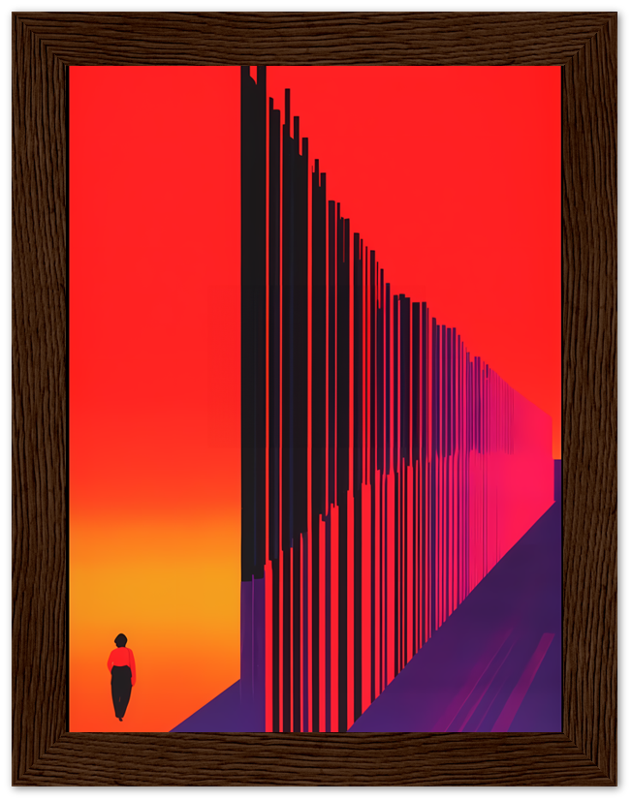 A solitary figure walking towards a vanishing point with vertical lines on a red background, framed in wood.