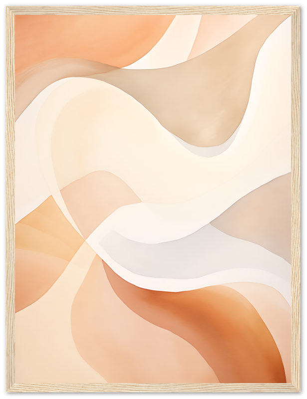 Abstract painting with curving peach and cream shapes framed in wood.