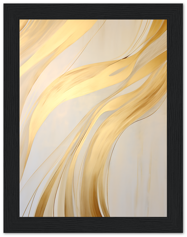 An abstract painting with swirling golden-yellow and white streaks, framed in black.