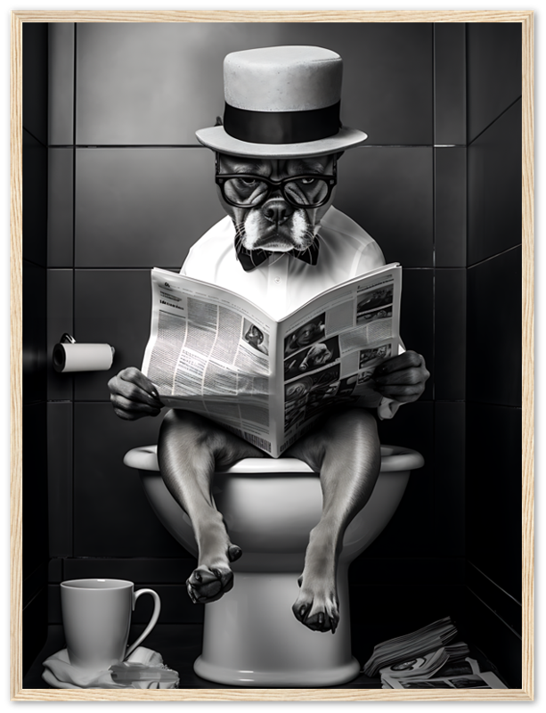 A dog wearing glasses and a hat, reading a newspaper while sitting on a toilet.