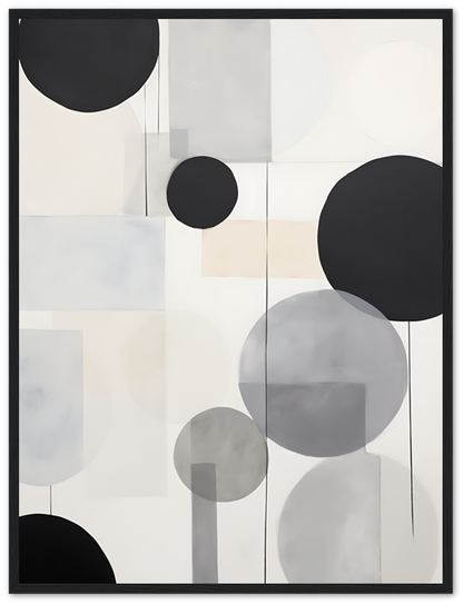 Abstract geometric art with circles in a wooden frame.