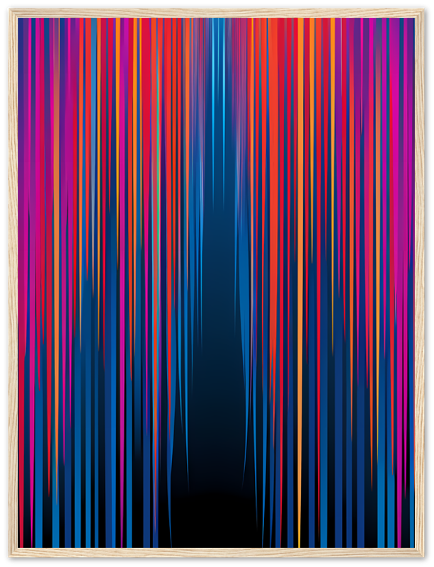 Abstract artwork with colorful vertical streaks in a wooden frame.