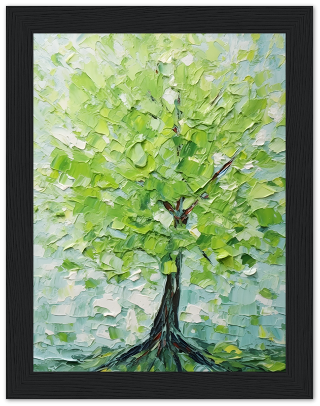 Impasto technique painting of a vibrant green tree in a black frame.