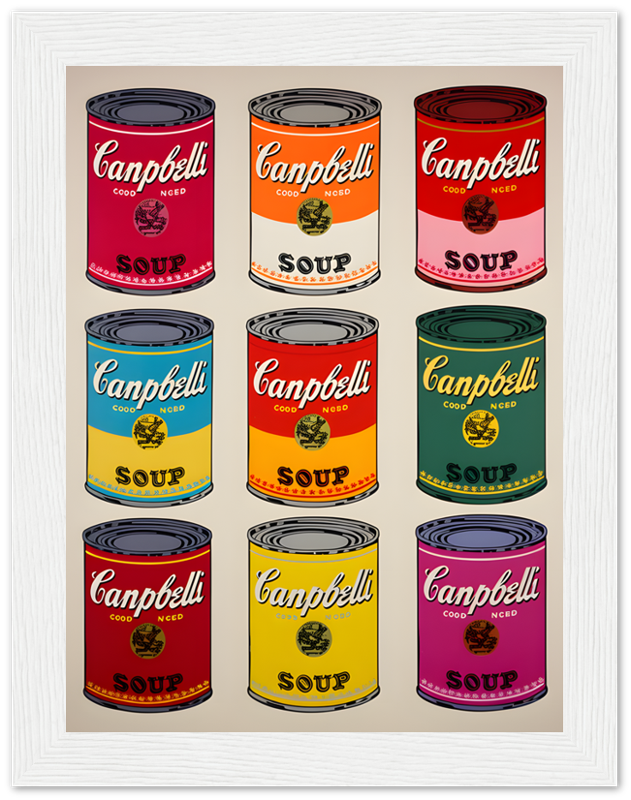 Graphic artwork of colorful Campbell's soup cans arranged in rows on a framed background.