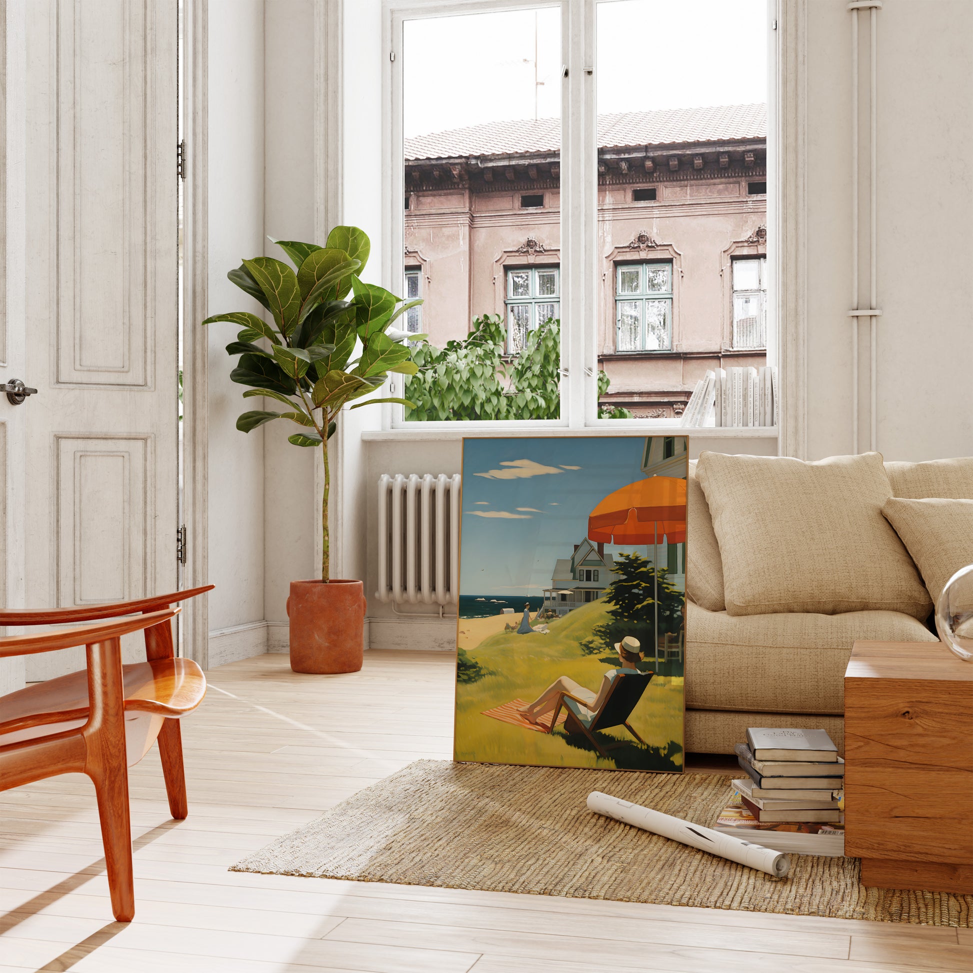 Bright living room interior with a large painting leaning against the wall.
