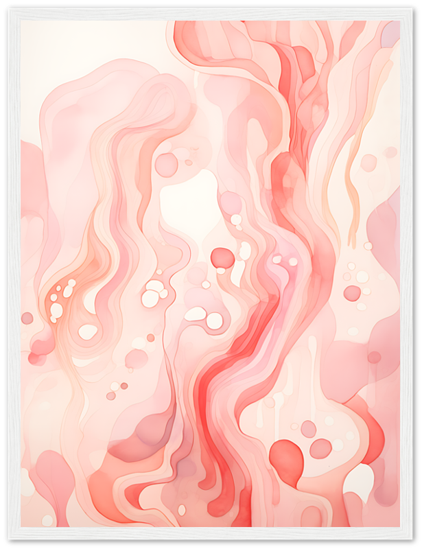 Abstract fluid art with swirling pink and white patterns on a framed canvas.